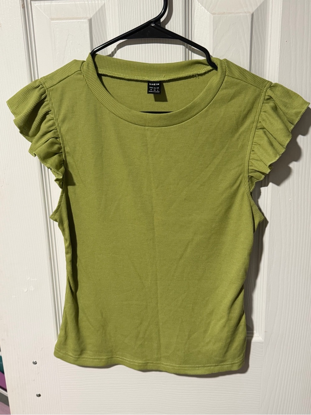 Green Ribbed Flutter Sleeve Top